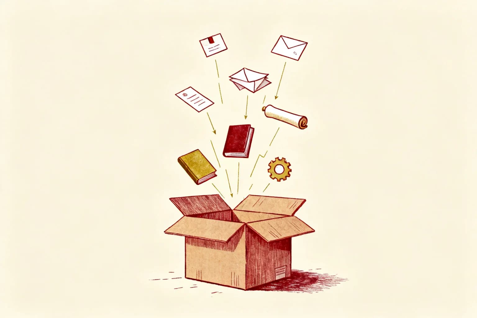 An opened cardboard moving box, its contents drawn as a tidy exploded diagram on paper