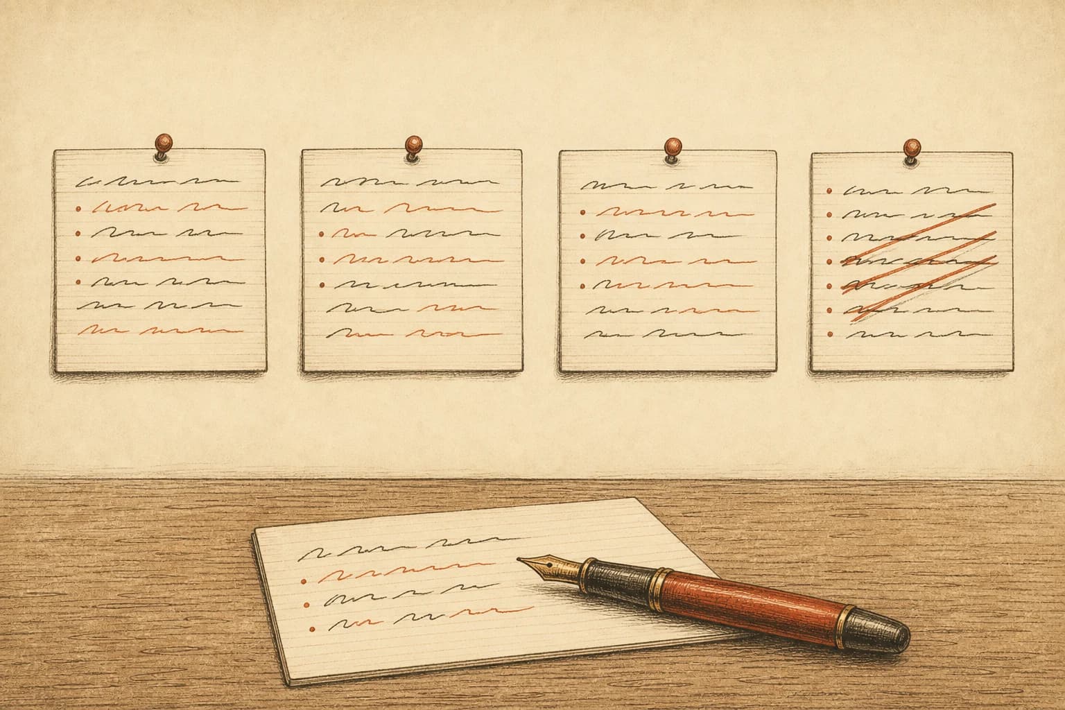 Four index cards pinned above a writing desk, each dense with handwritten rules and one struck-through phrase list; a fountain pen rests on the half-finished fifth card