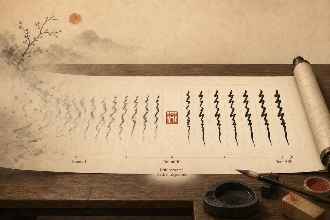 一幅长卷上的字迹从右往左逐渐漂移变形,中段一枚朱红印章之后笔迹恢复工整