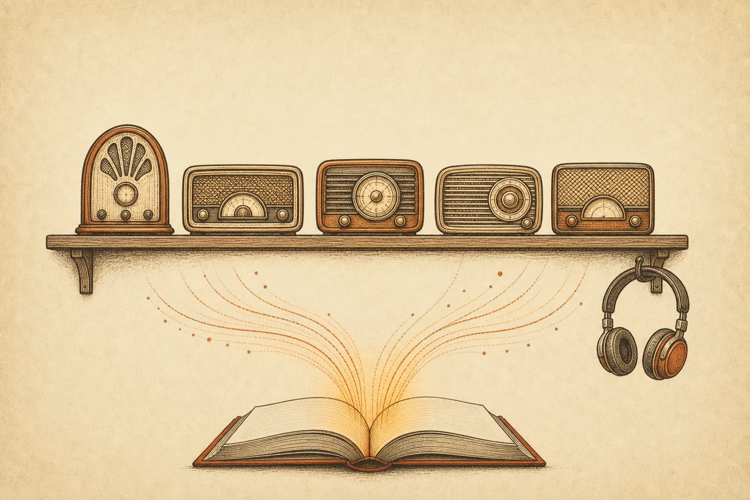 Five small hand-drawn radios in a row on a wooden shelf, each with a different dial face, while warm sound waves rise from an open paperback below toward a pair of headphones