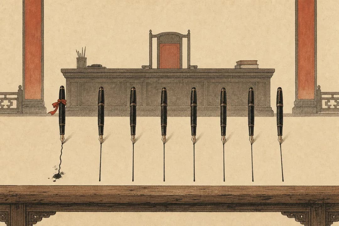 Warm-paper editorial illustration: a row of fountain pens lined up before a judge's bench, the red-ribboned pen trailing a wobbly smudged ink line while the others draw perfectly uniform strokes