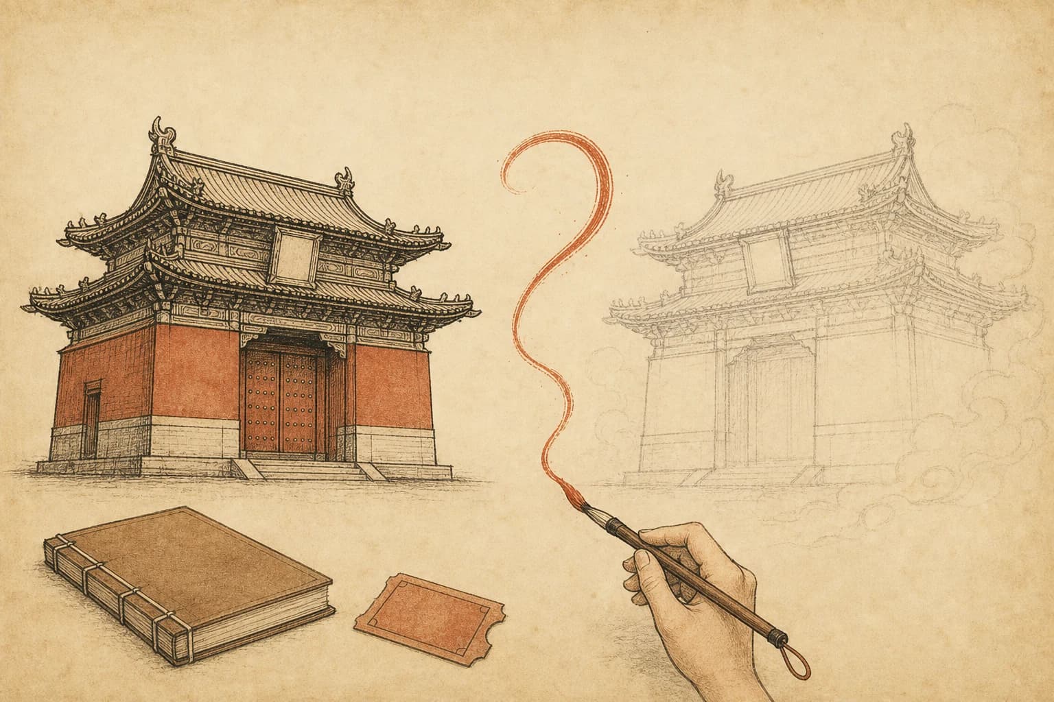 旧纸上并排画着两座宫门,匾额一实一虚,一只手持朱笔在两块匾额之间画出问号形的墨线,桌上摊着一册线装书与一枚剧场票根