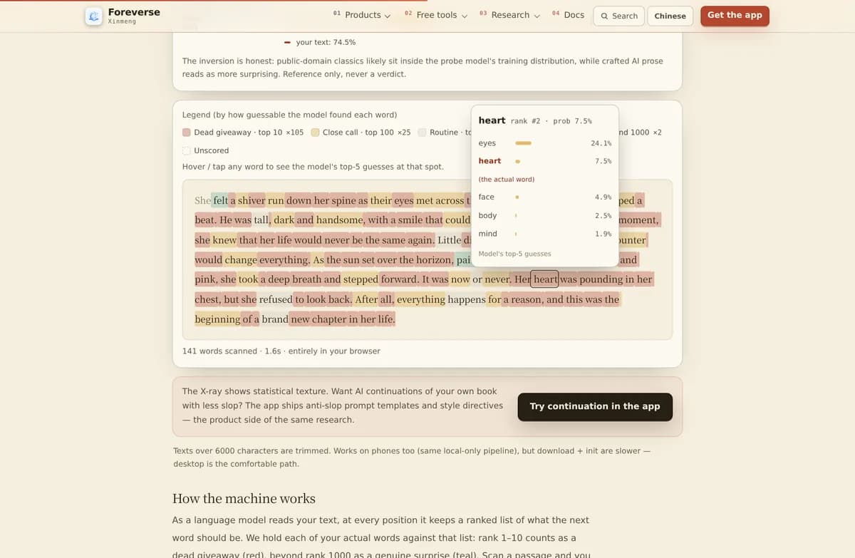 Text X-Ray screenshot: an English formulaic sample colored mostly red, with a hover popover open on one word showing the probe model's top-5 next-token bets and their probabilities